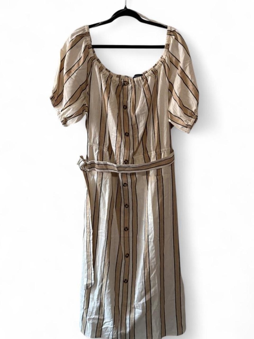 NWT Ashley Stewart Tan Striped Button Front Fall Midi Dress 20